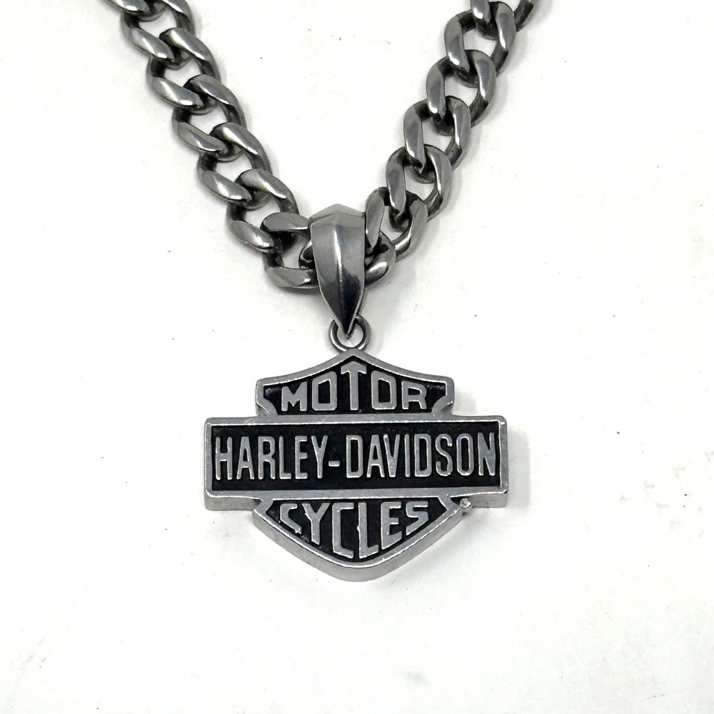Harley Davidson Necklace Mens Silver Steel Curb 22" Chain Biker Shield Pendant